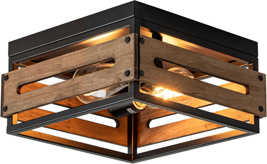 MAYNA Farmhouse Ceiling Light, 2-Light Rustic Flush Mount Ceiling Light with Metal and Wood, Farmhouse Hallway Light Fixtures for Kitchen Entryway Bedroom Dining Room
