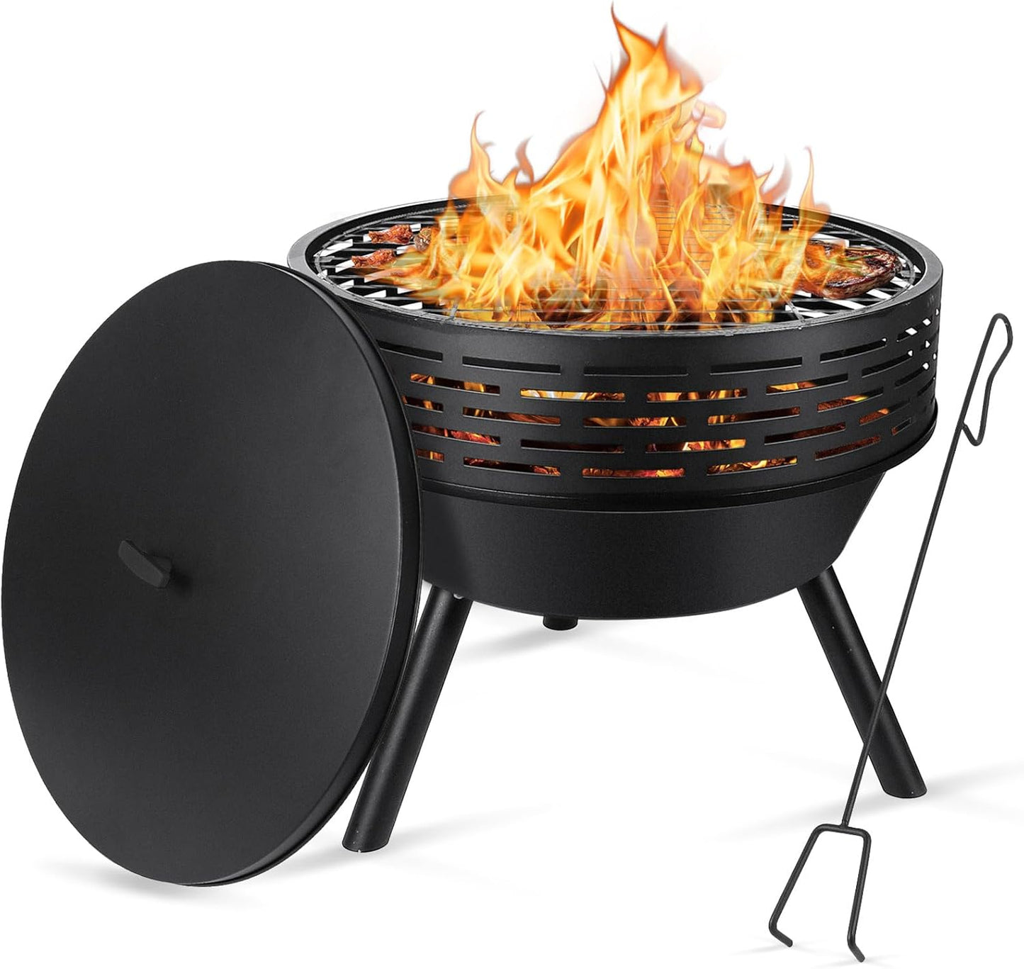 3-in-1 Fire Pit with Grill & Lid, 23" Outdoor Fire Pit Table, Cast Iron Wood Burning Firepit, Heavy Duty Fire Bowl for Outside Patio, Backyard Fireplaces, Large BBQ Pit Table with Fire Poker