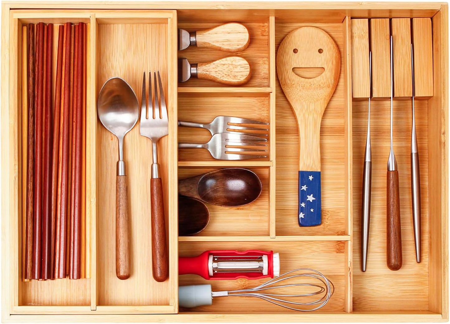 COIWAI Double layer Bamboo Kitchen Drawer Organizer,Kitchen Utensil Silverware Drawer Organizer, Cutlery Tray, Removable Utensil Tray, With Knife Block, Flatware Organizer Multi-use storage box