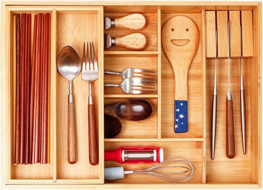 COIWAI Double layer Bamboo Kitchen Drawer Organizer,Kitchen Utensil Silverware Drawer Organizer, Cutlery Tray, Removable Utensil Tray, With Knife Block, Flatware Organizer Multi-use storage box