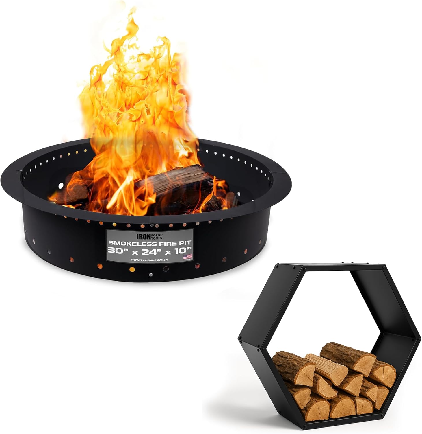 Iron Forge Tools 30" Smokeless Fire Pit Ring Insert & Firewood Rack with Cover - Heavy Duty Outdoor Metal Fire Ring & Hexagon Log Holder for Backyard Bonfires & Wood Storage