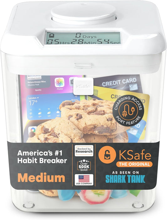 ﻿Kitchen Safe Time Locking Container (Medium), Timed Lock Box for Cell Phones, Snacks, and other unwanted temptations (White Lid + 5.5\u201D Clear Base)