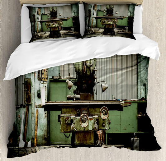 Lunarable Industrial Duvet Cover Sets, Industrial Machines in Factory Drilling Manufacturing Appliances Hardware Urban, Bedding Set with 2 Duvet Covers 4 Pillowcases, 2 Pack Cal King Size, Green Brown