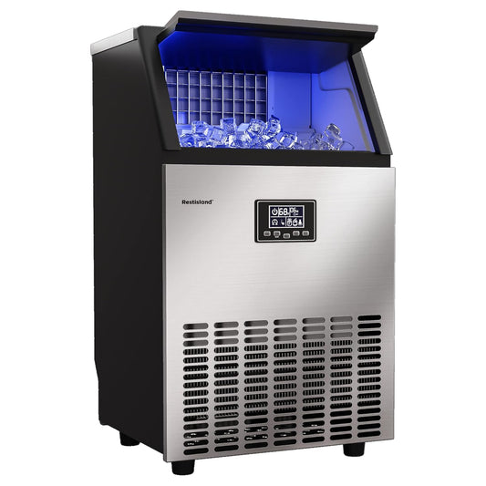 RESTISLAND Commercial Ice Maker Machine, 100 lbs \/24 h, 33 lbs Storage Bin, Stainless Steel, Compact, Embedded, Self-Cleaning, Perfect for Home\/Office\/Shop\/Cafe, Includes Ice Scoop, Connection Hose