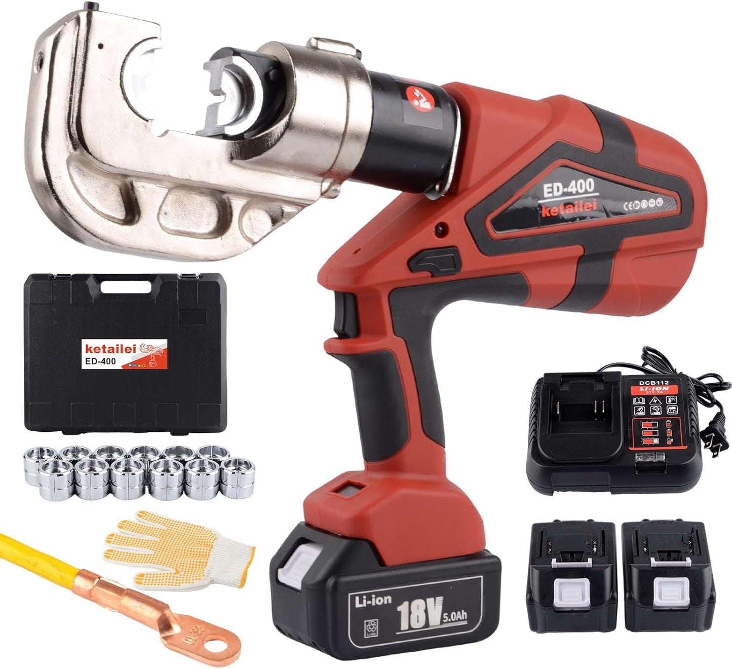 ketailei Electric Hydraulic Cable Lug Crimper - 12Ton Rechargeable Kit, 6AWG-800MCM for Cu\/Al Terminals with 12 Dies (ED-400)