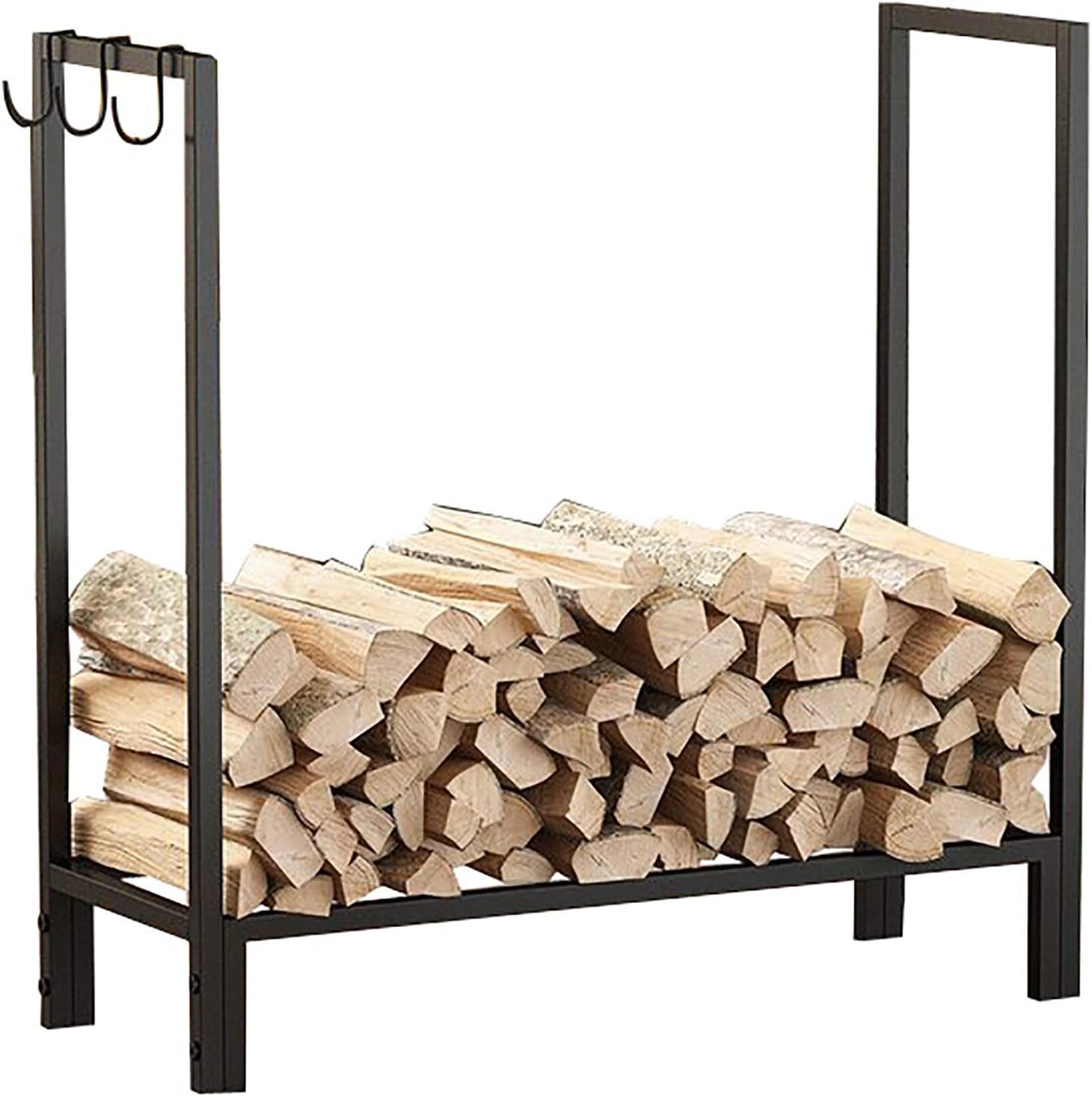 Firewood Log Rack Tall Heavy Duty Iron Metal Storage Stand with Hooks for Outdoor/Patio/Deck/Yard Durable Kindling Organizer and Firewood Holder,