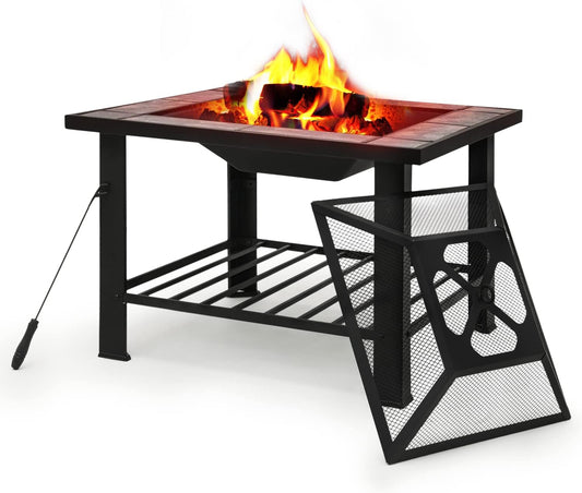 MoNiBloom 30" Protable Fire Pit Table Square Metal Firepit Patio Wood Burning Fireplace Garden Stove with Charcoal Rack Mesh Cover for Camping Bonfire Backyard BBQ, Black