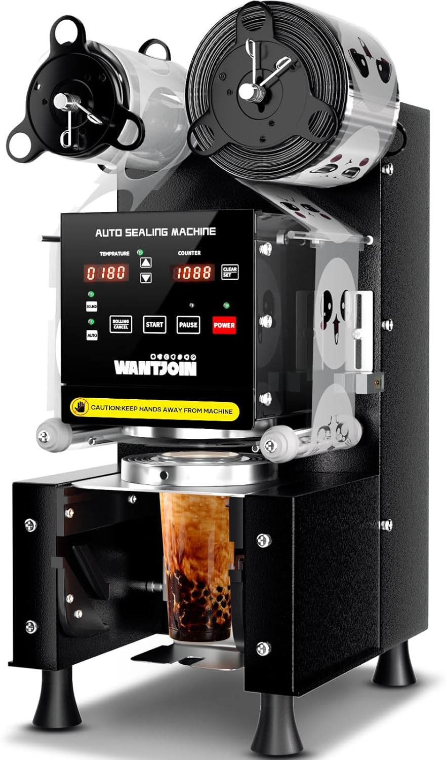 WantJoin Cup Sealing Machine Full Automatic Cup Sealer Machine 90\/95mm Electric Cup Sealing Machine 500-600 Cups\/H Digital Control LCD Panel Cup Sealer for Bubble Milk Tea Coffee Black