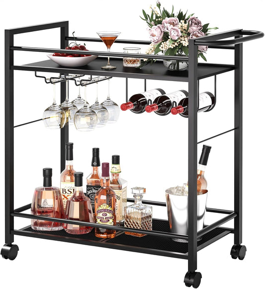 Joaxswe Bar Cart,Home Bar Serving Cart with Storage Shelves, 2 Tier Rolling Beverage Cart with Wheels, Modern Wine Cart with Wine Rack and Glass Holder for Kitchen, Living Room,Dinning Room,Black