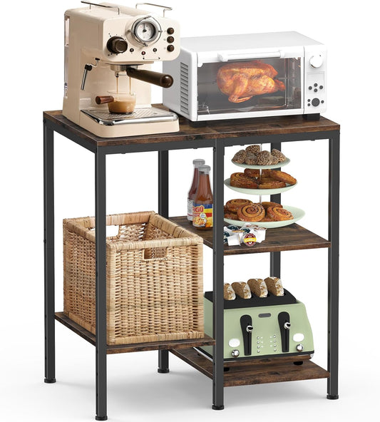 OGEMXU Kitchen Microwave Stand,4-Tier Adjustable Bakers Rack,Multi-Purpose Kitchen Storage Cart for Coffee Station,Space-Saving Metal Appliance Shelf for Living Room,Rustic Brown