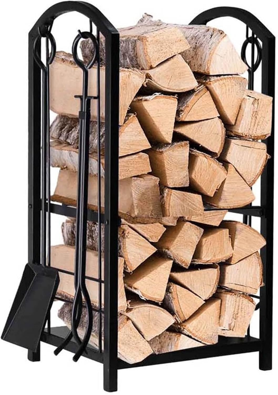 Double Firewood Rack With 4-Piece Fireplace Tool Set, Wrought Iron Indoor & Outdoor Log Storage Stand