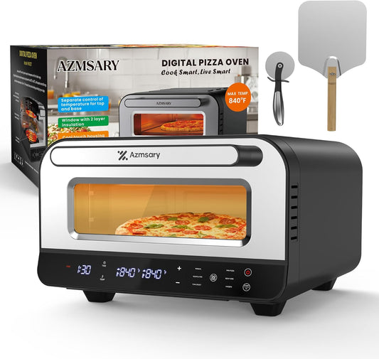 Indoor Pizza Oven \u2013 6 Programs, Max 840°F, Suitable for 12 inch Pizzas, 5-in-1 multifunction: Pizza, Bake, Proof, Broil, and Warm \u2013 includes pizza stone and pizza peel
