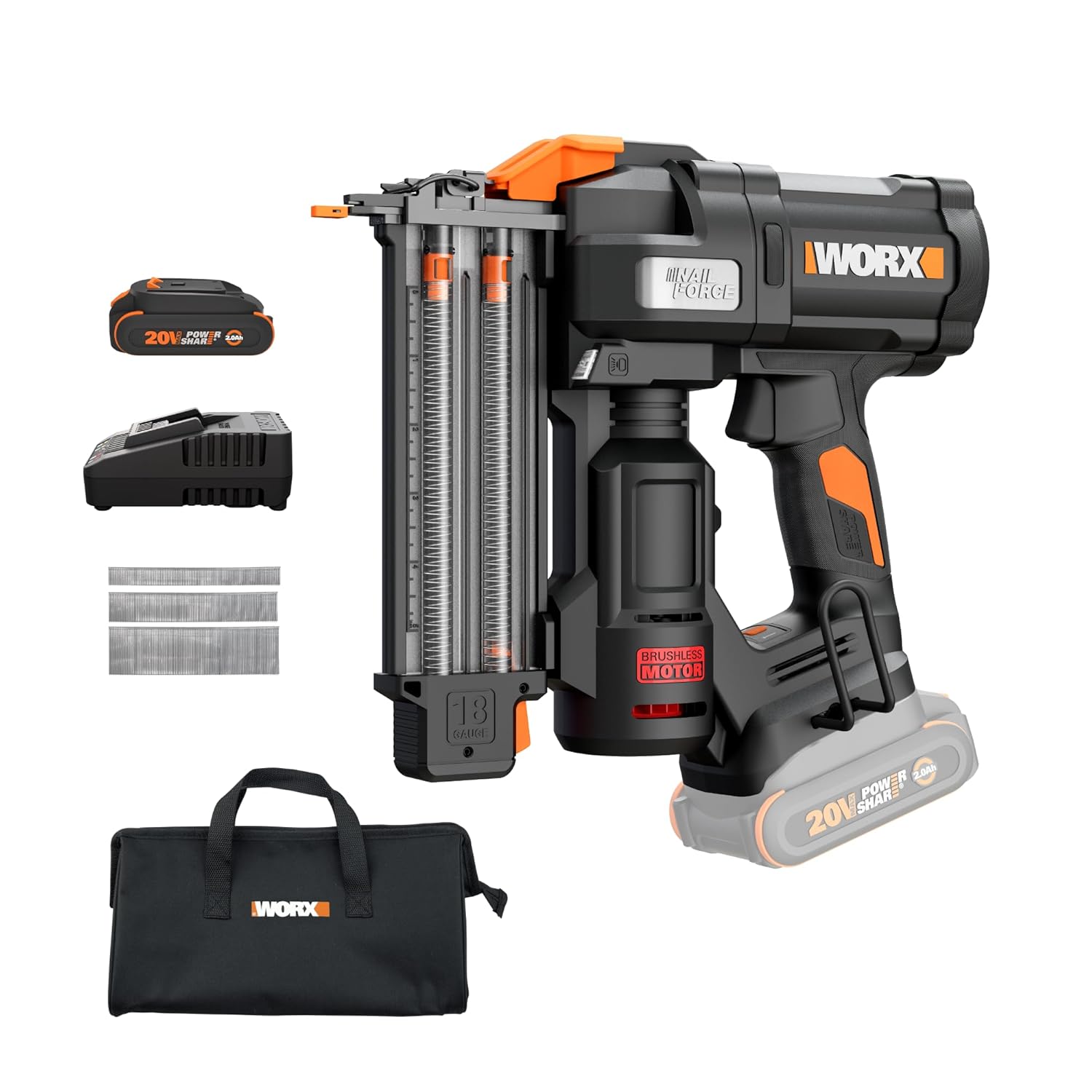 WORX Brad Nailer Cordless, 20V 18 ga Brushless Nail Gun Cordless, High Driving Power, Up to 2-⅛" into Hardwood, Narrow Nose, 3 LEDs, 3000 Nails & 20V 2.0 Ah Battery and Charger Included, PowerShare