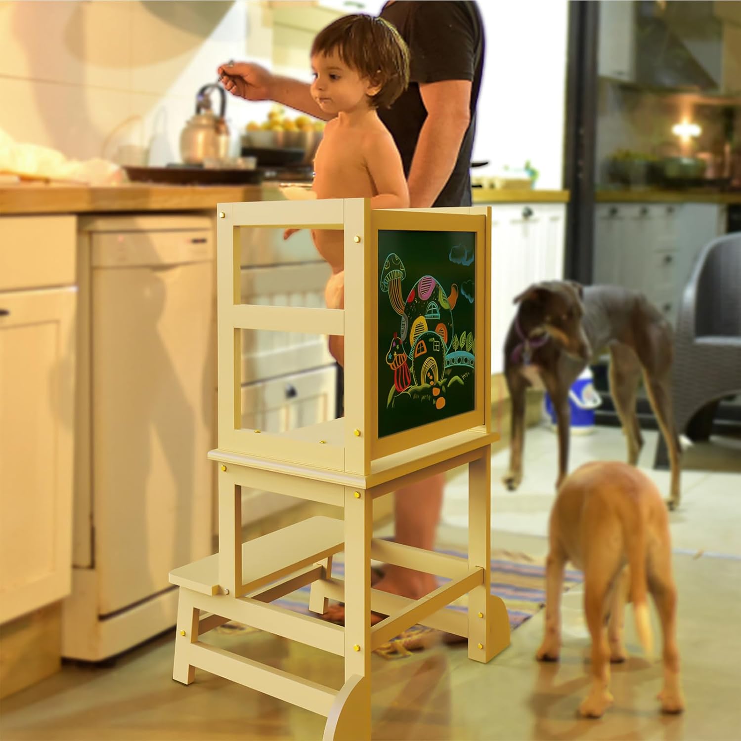 Toddler Kitchen Stool Helper, Step Stool for Kids with Chalkboard Safety Rail for Toddlers 18 Months and Older (White)