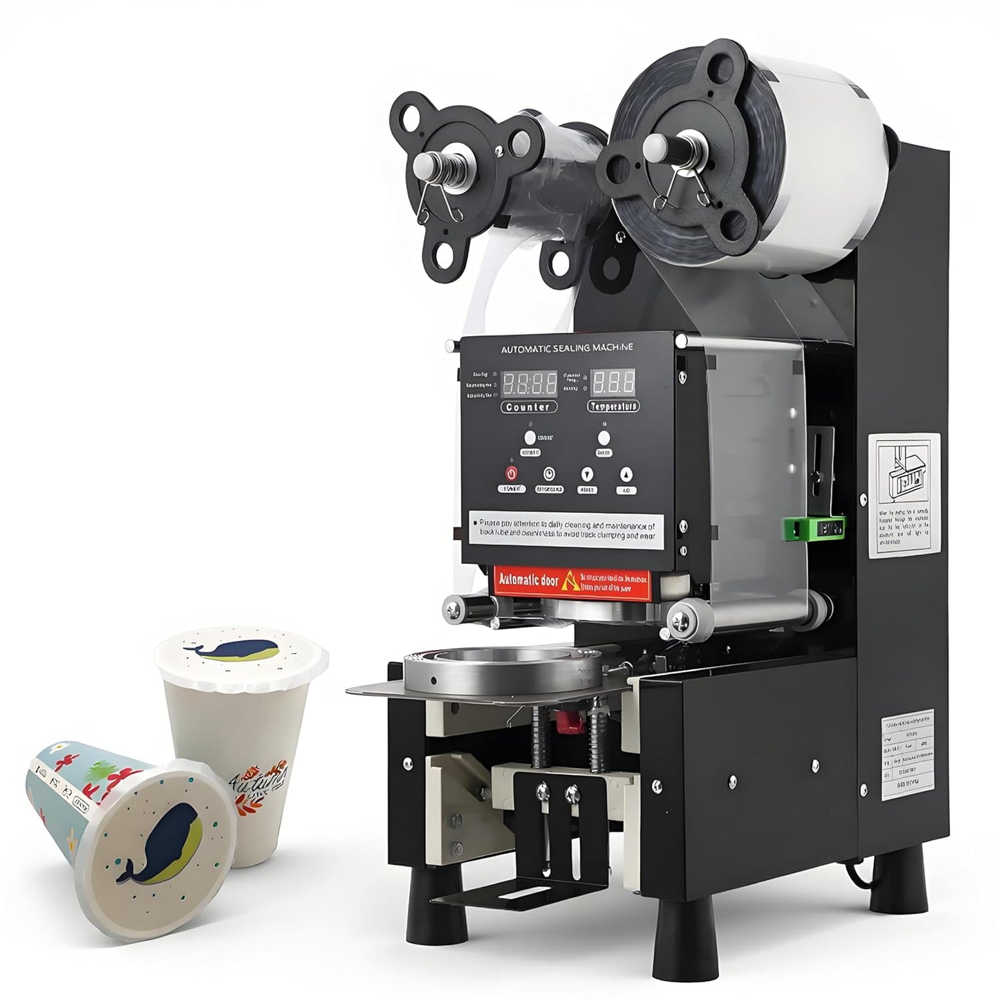 Cup Sealing Machine，Commercial Automatic 500-650 Cups/Hour Capacity, Electric Sealer for 90/95mm Cups with LCD Panel & Digital Control – Ideal for Bubble Tea, Coffee, and Smoothie Shops (110V, Black)