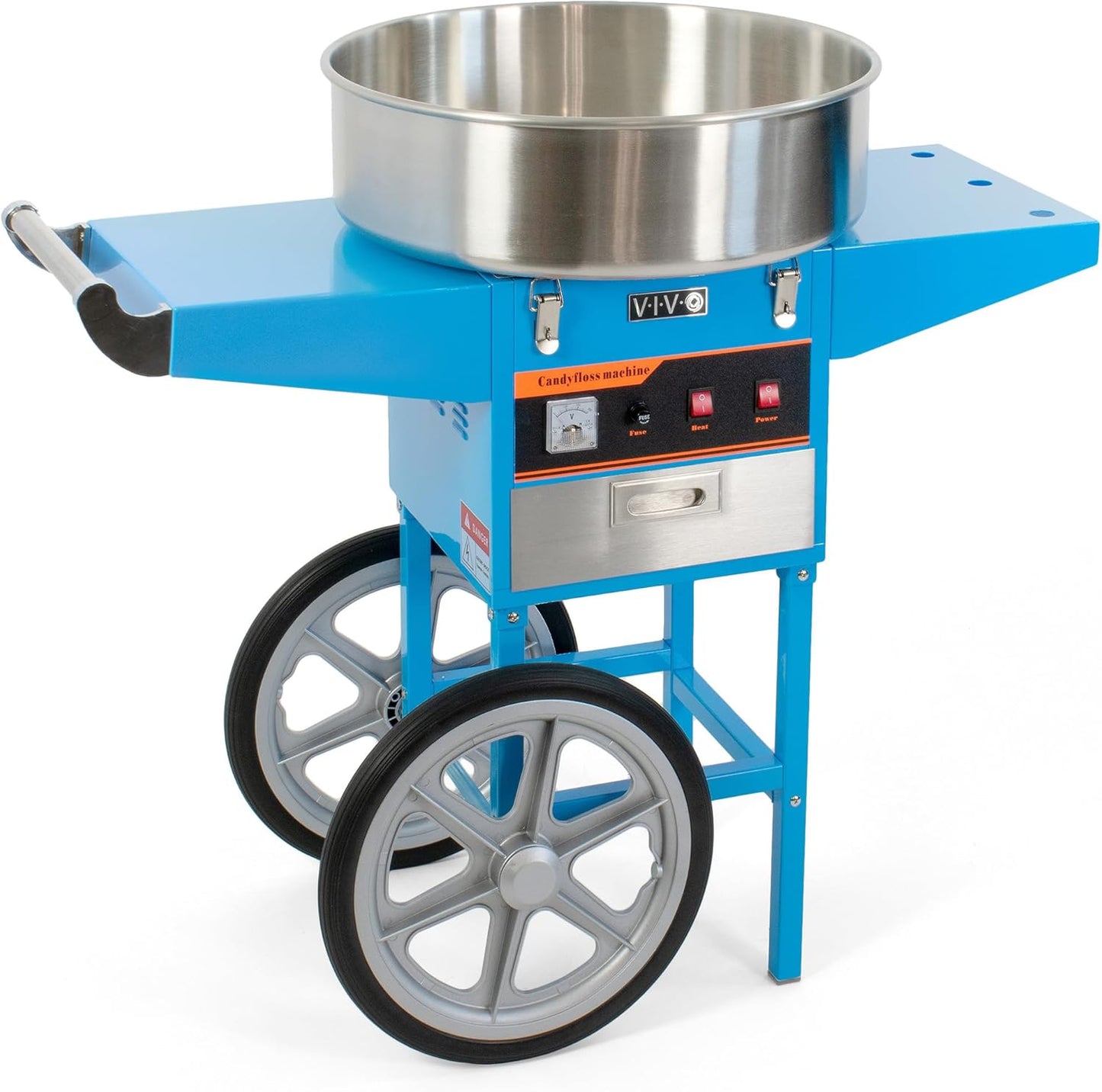 VIVO Blue 1030W Electric Cotton Candy Machine Cart, Mobile Rolling Candy Floss Maker with 20 inch Stainless Steel Bowl Sugar Scoop and Drawer, Easy Home or Commercial Use, CANDY-V002B
