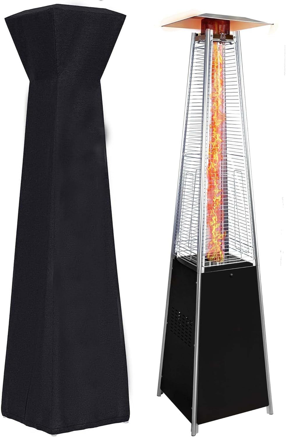 【48,000 BTU Pyramid Patio Heater】Outdoor Propane Heater with Wheels & Cover, 360° Heating for Terrace Garden Poolside, Commercial Residential Use, Stainless Steel Glass Tube Design (Black+Silver)