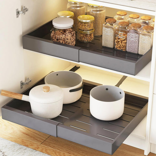 COVAODQ 2 Pack Pull Out Cabinet Organizer Extendable Sliding Slide Out Pantry Shelves Storage No Punch for Kitchen Base Cabinet Organization, Pantry, Bathroom Adjustable Width 12.4" to 20.4" Grey
