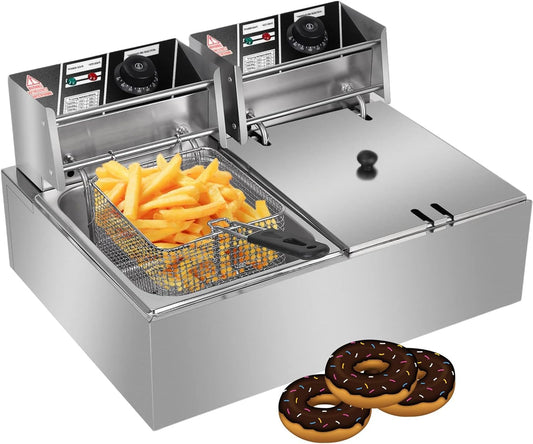 Commercial Deep Fryer with Temperature Control - Double Tank - Stainless Steel Chip Frying Machine for French Fries Donuts Fast Food Stands Restaurants