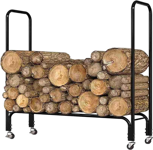 Firewood Log Rack with Wheels, Rolling Wood Storage Holder for Patio Deck Backyard, Indoor Outdoor Profile Wood Storage System(