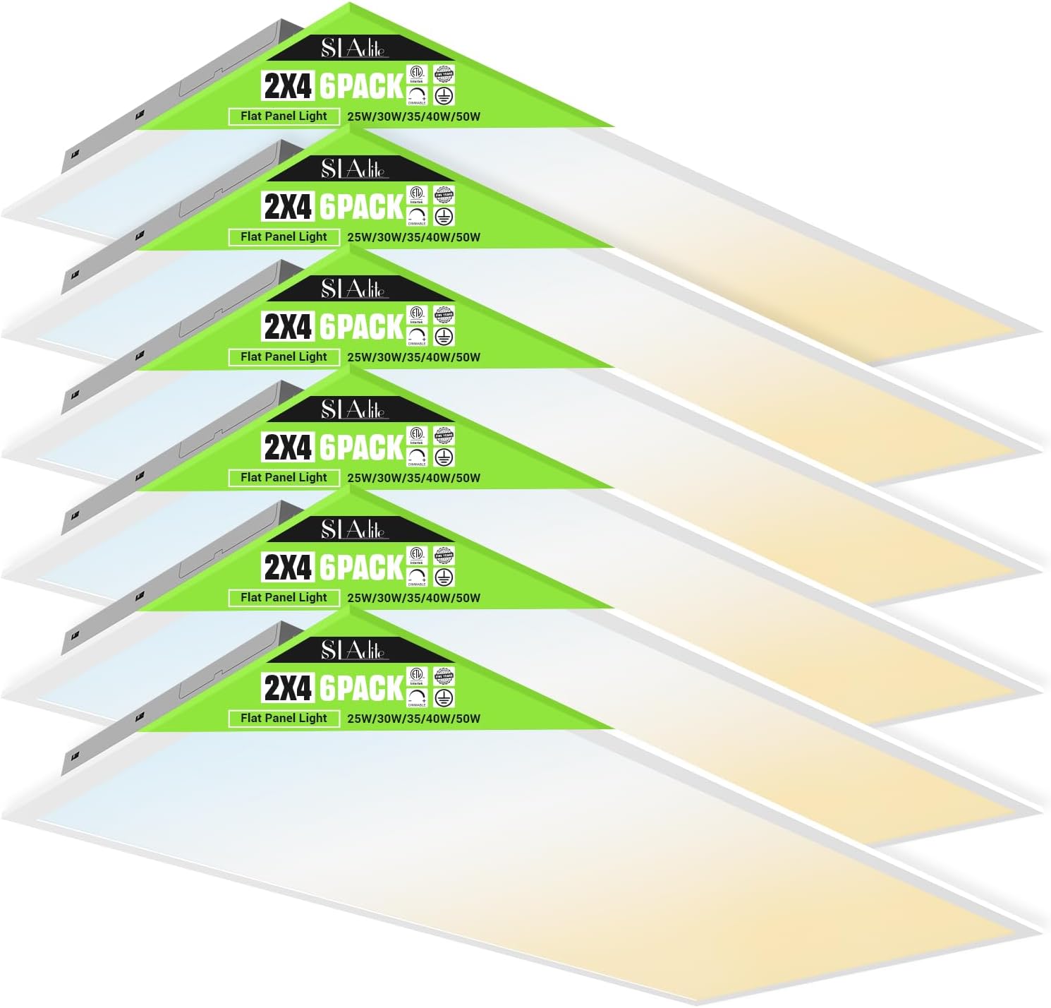 SLAclite 6 Pack 2x4 LED Flat Panel Light 50\/40\/35\/30\/25W 6500lm Adjustable, 0-10V Dimmable LED Flush Mount Ceiling Light Fixtures, 2.7K\/3K\/3.5K\/4K\/5K Selectable for Office Kitchen Garage - ETL Listed