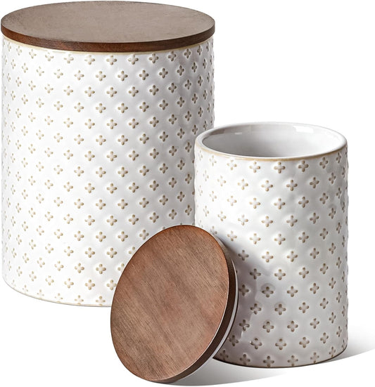 LE TAUCI Food Storage Containers with Airtight Lids, 78\/25 oz Ceramic Sugar Canisters Sets, Embossed Large Jars for Pasta, Oats, Coffee Bean, Cookies, Rice, Grains, Tea - Set of 2, Clover