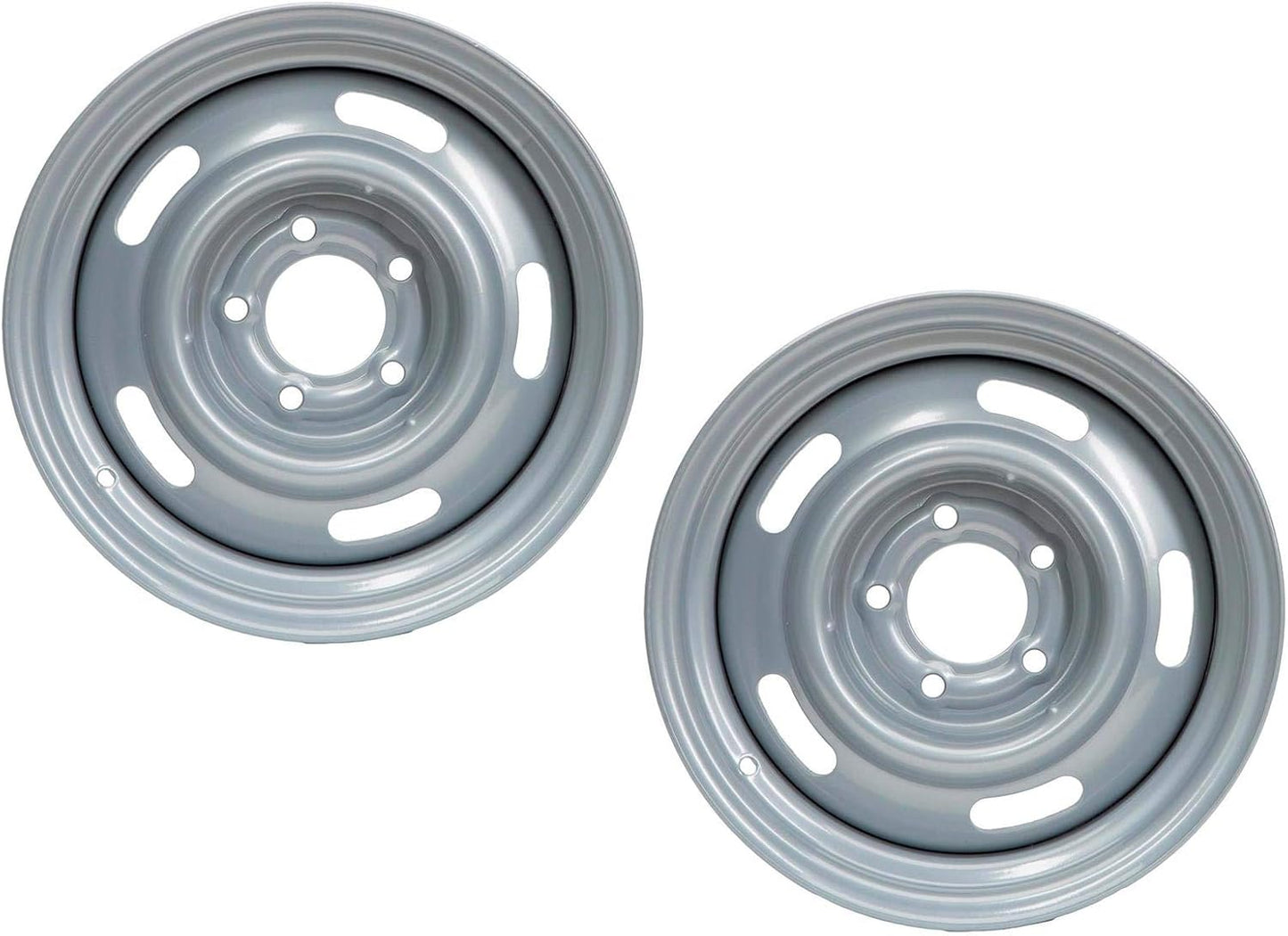 Speedway Motors 15x8 Inch GM Rally Truck Wheel Set, 5 on 5 Inch Bolt Pattern, Silver Painted Steel Construction for RWD Vehicles, Classic OEM Style Replacement, Sold as a Pair