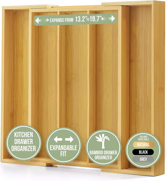 Purawood Kitchen Drawer Organizer - Expandable Utensil Drawer Organizer for Kitchen, Cutlery Tray & Silverware Organizer, 3-5 Slots - Bamboo Organizer for Utensils & Flatware (Natural)