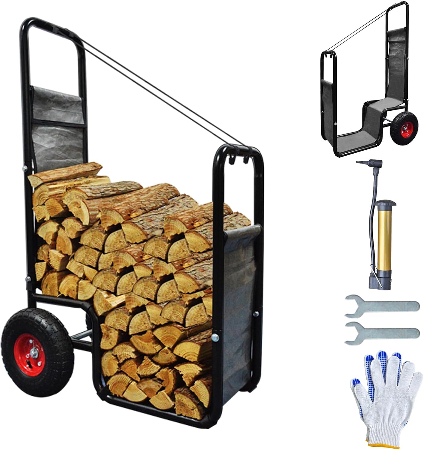 OKAYES Firewood Cart with Wheels Heavy Duty Firewood Log Cart Wood Storgre Mover Easy Assembly