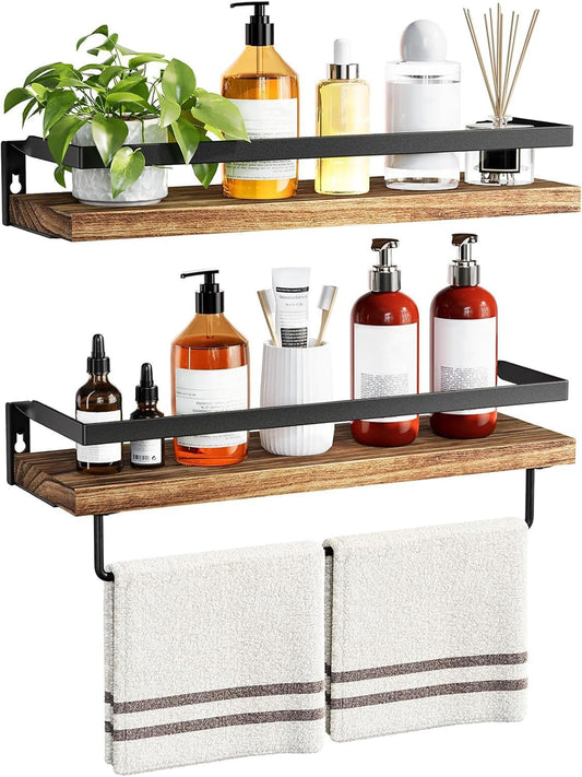 Amada HOMEFURNISHING Floating Shelves Wall Mounted, Wall Shelves for Bathroom, Kitchen, Bedroom, Storage Shelf with Towel Bar, Set of 2, Rustic Brown