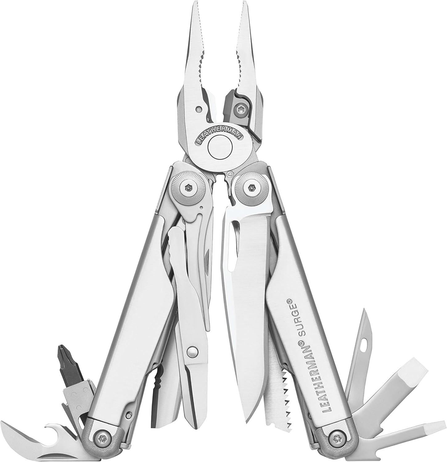 LEATHERMAN Surge - Heavy-duty multipurpose multi-tool with 21 tools including full-size lockable blades, regular and needlenose pliers and wire cutters, DIY tool made in the USA, in stainless steel