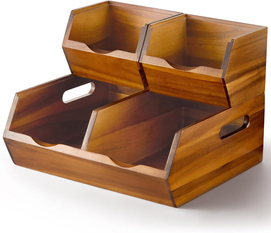 NAGAWOOD Acacia Wood Pantry Storage Bins - Stackable Open Front Kitchen Baskets with Airflow Vent for Potato, Onion, Fruit, Vegetable, and Bread Storage, Wood Organizer for Pantry and Countertop