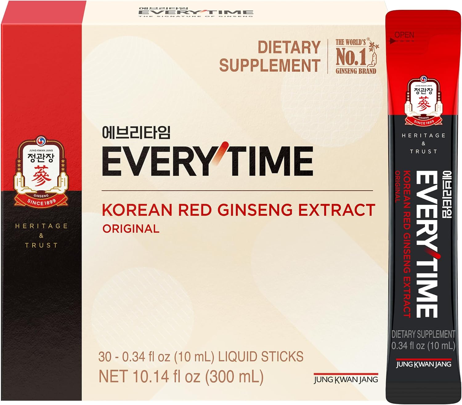 JUNG Kwan Jang Everytime Korean Red Ginseng Extract Stick 3,000mg Original - Adaptogen Energy Drink Liquid Stick Supplements - Energy Boost & Immune Support, Caffeine Free (30 Sticks)