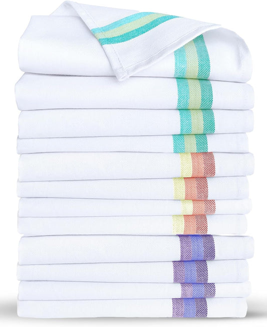 Premium Kitchen Towels (28\u201Dx20\u201D - 12 Pack) 100% Natural Cotton Large Dish Cloths | Dish Towels for Kitchen with Hanging Loop, Reusable Cleaning Cloths, Lint Free | Bleach Friendly | Assorted Colors