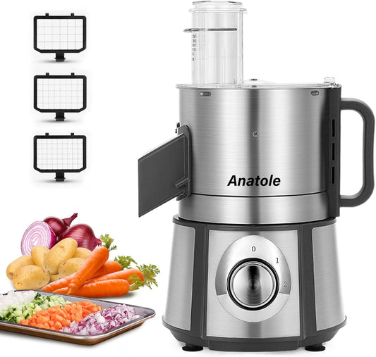 Anatole Electric Vegetable Dicer Stainless Steel 16-Cup Food Processor 300W Commercial Veggie Fruits Chopper Heavy Duty with 1\/4" 3\/8" 1\/2" Blades Auto Discharge for Potato Onion Carrot