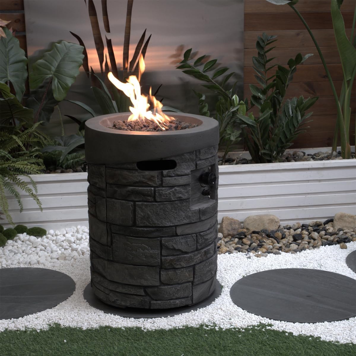 20-inch Round Outdoor Gas Fire Pit, 32,000 BTU CSA Certified, Stone Gray Cultured Stone Finish, Includes Lava Rocks & Waterproof Cover for Patio Garden