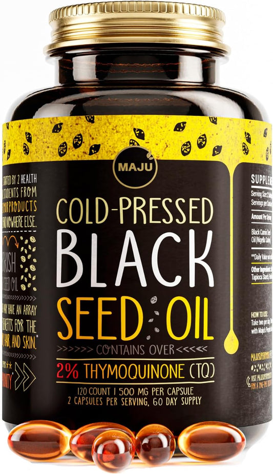 Maju Superfoods Black Seed Oil Capsules, Strong Cold Pressed, 2% Thymoquinone, 100% Turkish Black Cumin Nigella Sativa Seed Oil, Organic BSO, Liquid Blackseed, 120 Count, 500mg per Capsule