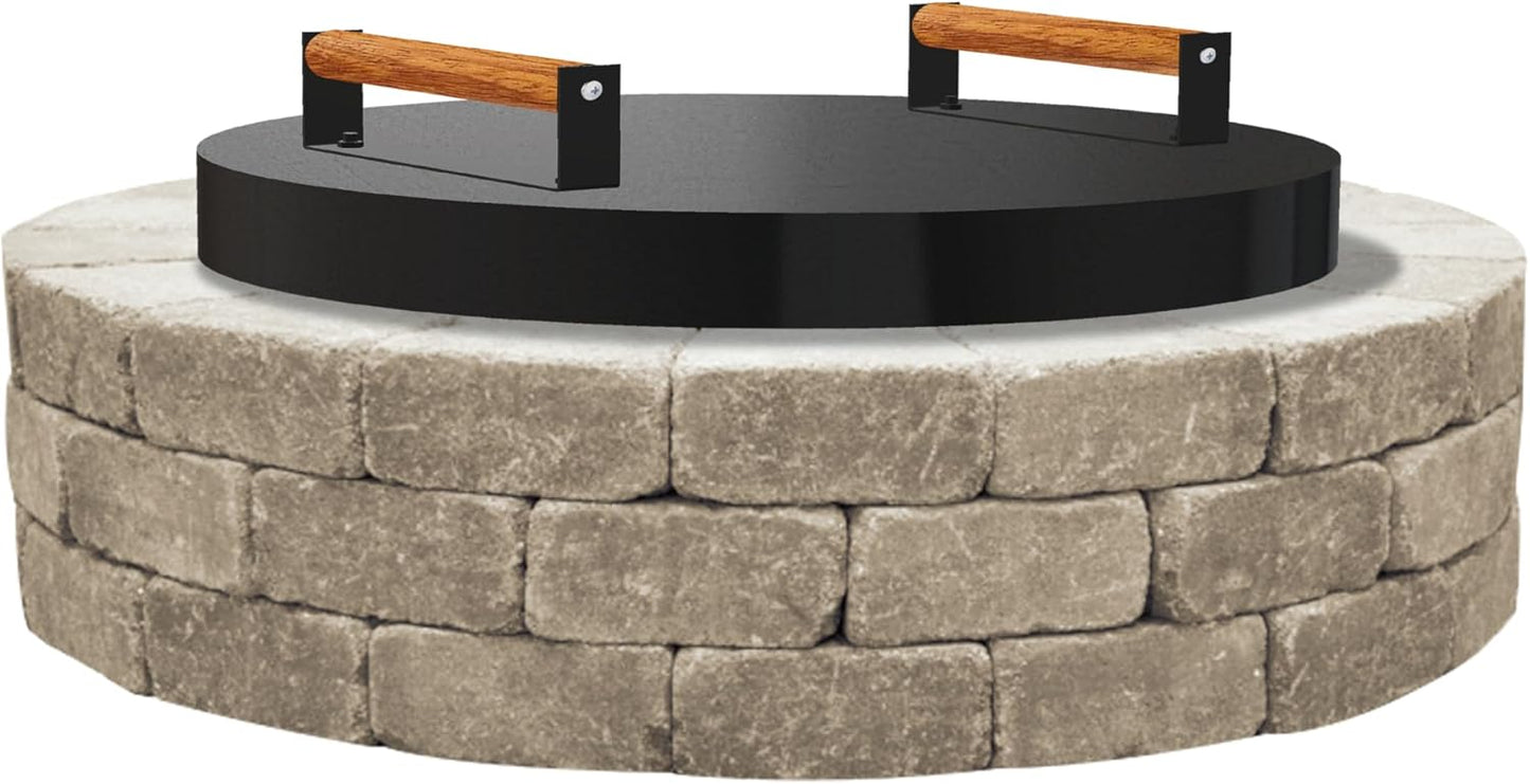 FEBTECH Fire Pit Solid Cover Compatible with Fire Pit Inside Up to 23" - Carbon Steel Tabletop FirePit Lid with 2 Heat Resistant Wooden Handles - FirePit Accessories Ideal for Family Gatherings