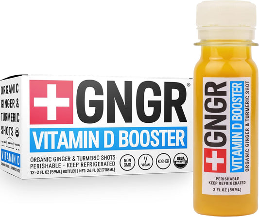 +GNGR Vitamin D Immunity Booster - Tropical Edition \u2013 Cold-Pressed Ginger Shot with Turmeric, Pineapple, Passion Fruit, Orange, Lemon | Natural Wellness Support (2 fl oz, 12-Pack)
