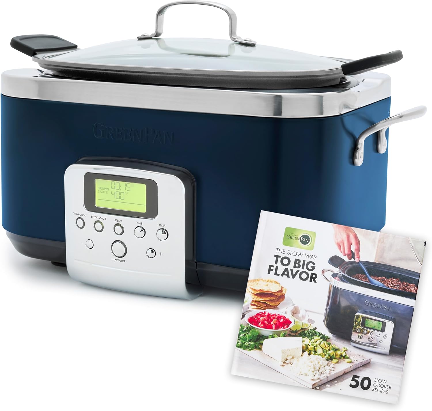 GreenPan Elite 8-in-1 Programmable 6 Quart Electric Slow Cooker, GlassLid & Removable Crock, PFAS-Free Healthy Ceramic Nonstick Multi-Cooker,Sear, Sauté/Brown,Roast, Cobalt Blue + Slow Cooker Cookbook