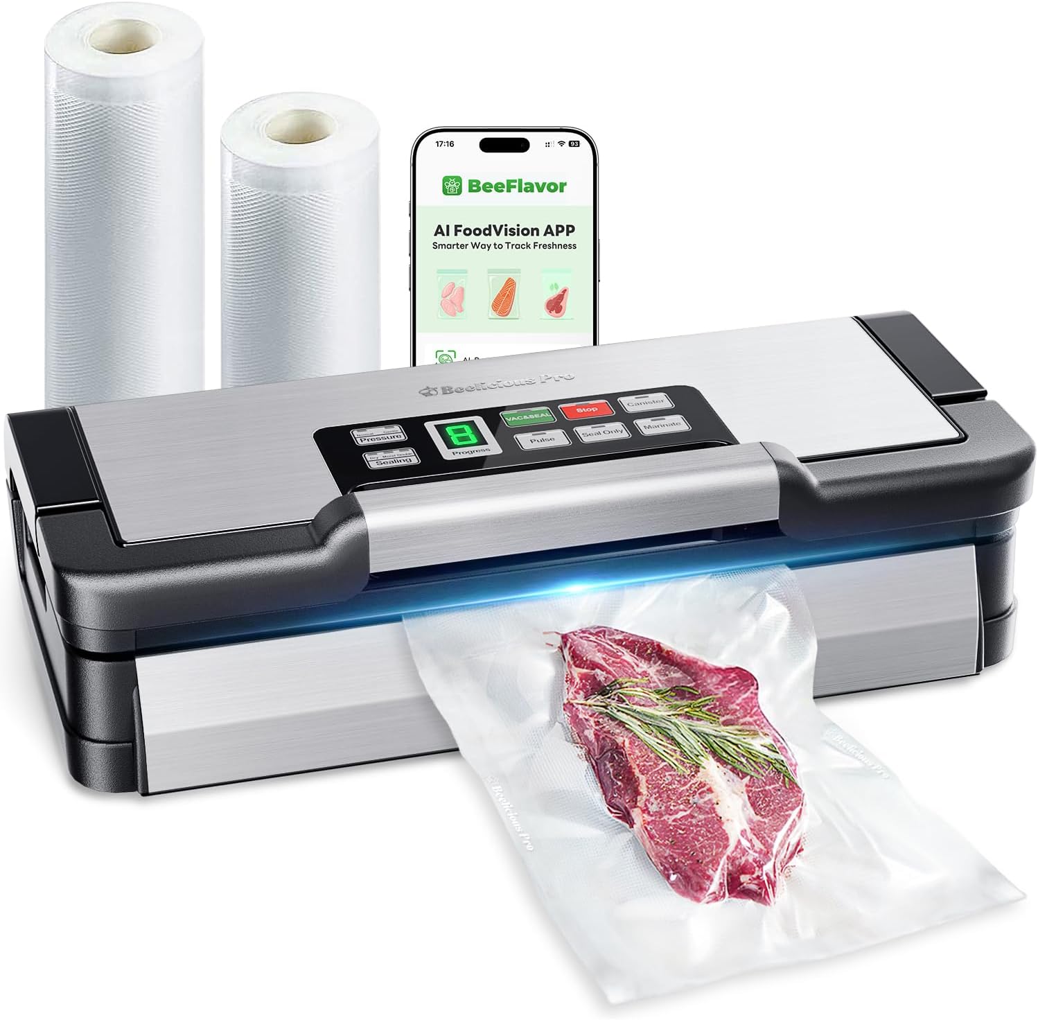 Vacuum Sealer Machine, AquaLock Series 2X Seal&130W Full Automatic Food Sealer, Powerful Food Preservation System with Handle, Built-in Cutter&Bags Storage&Hose, 2 Bags Rolls, Stainless Steel