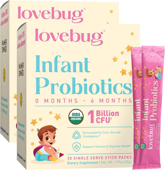 LOVEBUG Infant Probiotics 0-6 Months - USDA Organic Probiotics for Babies, Supports Baby Gas, Colic, Reflux, Diarrhea and Newborn Constipation Relief, Allergen & Sugar Free, Tasteless Powder, 60 Pack