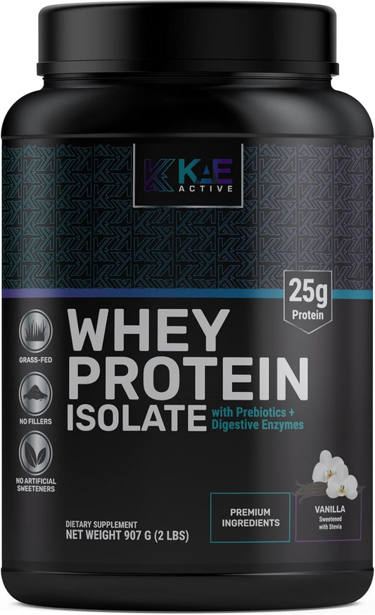 KAE Active Easily Digestible Vanilla Grass-Fed Whey Protein Isolate Powder. Clean Formula with only 5 Ingredients. 25g of Protein.