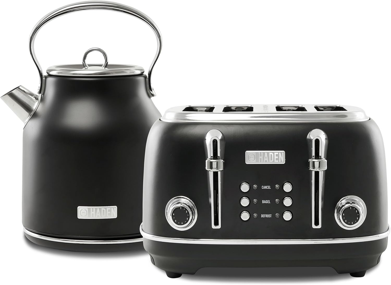 Haden Heritage 4 Slice Wide Slot Stainless Steel Toaster Bundled with 1.7 Liter Stainless Steel Electric Water Kettle, Black & Chrome