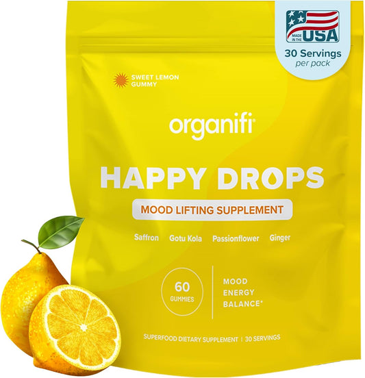 Organifi Happy Drops - Daily Superfood Happy Gummies for Adults - Mood Support Supplement for Balance, Bliss, Energy and Taking The Edge Off - Sweet Lemon Flavor - 60 Gummies