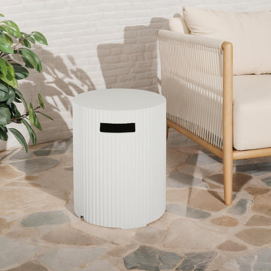 Merax 16x20 inches MGO Propane Tank Holder, Lightweight Concrete Side Table with Travertine Style, Multi-Functional Outdoor Side Table for Patio, No Assembly Required, White