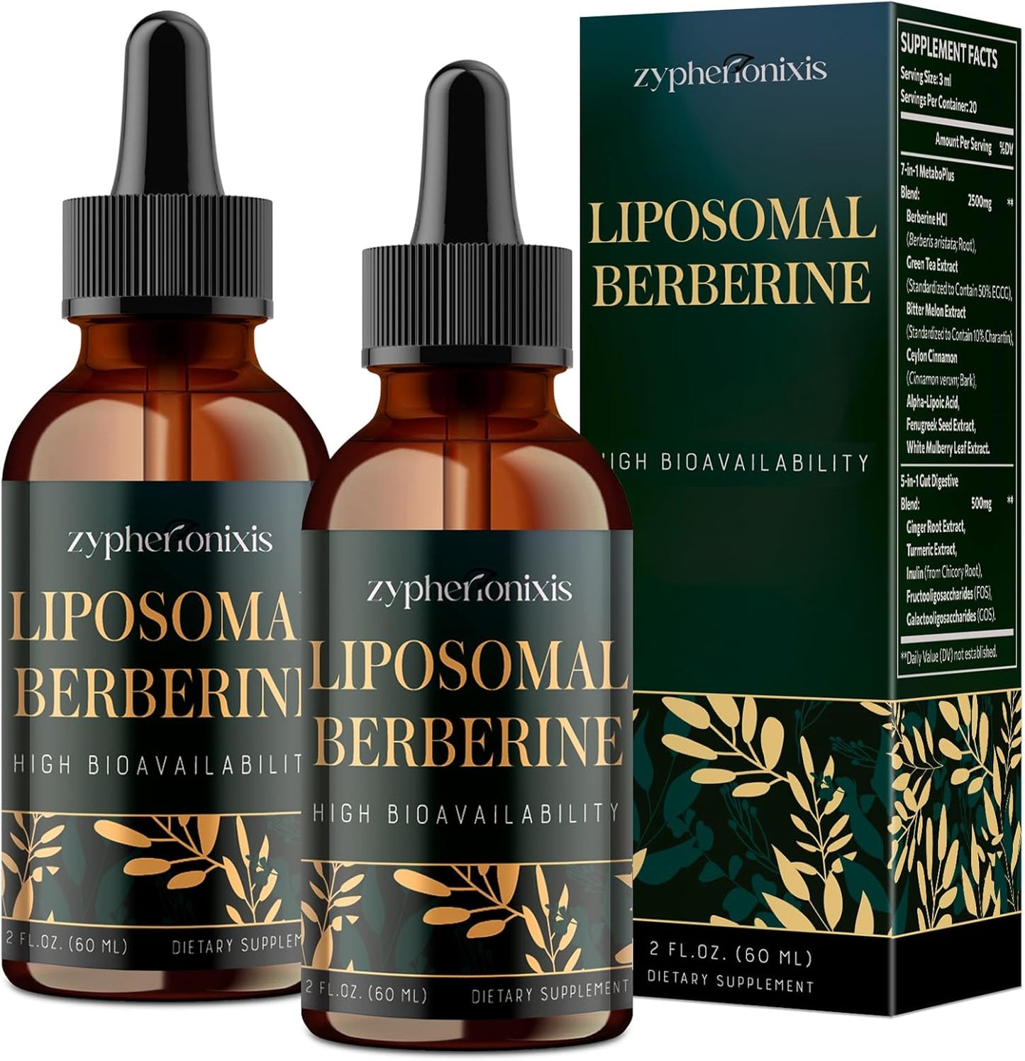 Zypherionixis Liposomal Berberine HCL Supplement Liquid 3000mg - High Absorption Berberine Drops with Ceylon Cinnamon - 12-in-1 Formula AMPK Activator, Sugar Free - 4 fl oz