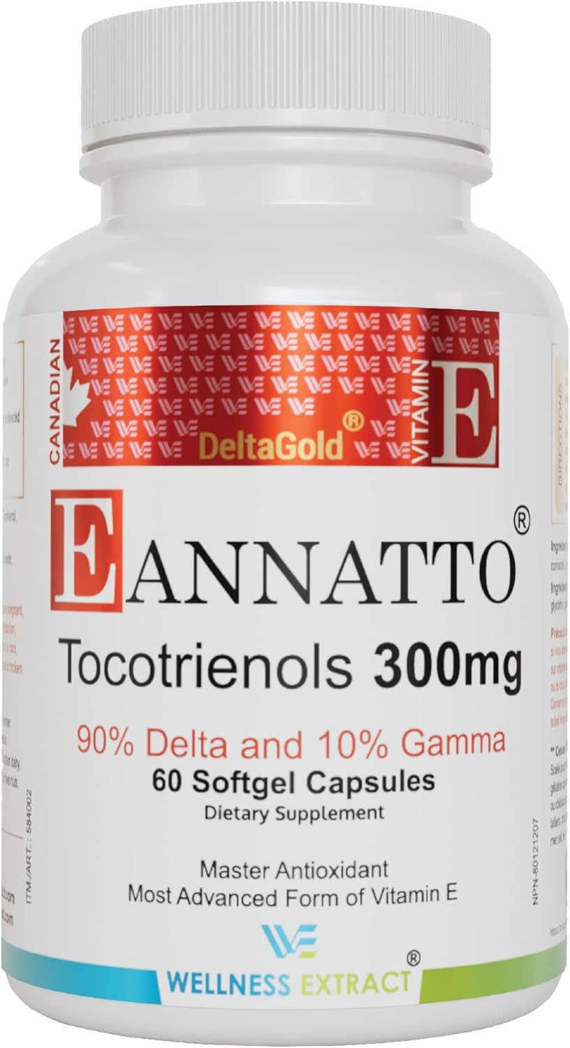 Wellness Extract Eannatto Tocotrienols Vitamin E Supplements Tocopherol Free, Supports Immune Health, Non-GMO, Gluten Free & Antioxidant (300MG 60 Softgels)