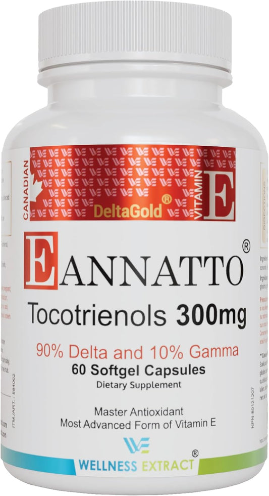 Wellness Extract Eannatto Tocotrienols Vitamin E Supplements Tocopherol Free, Supports Immune Health, Non-GMO, Gluten Free & Antioxidant (300MG 60 Softgels)