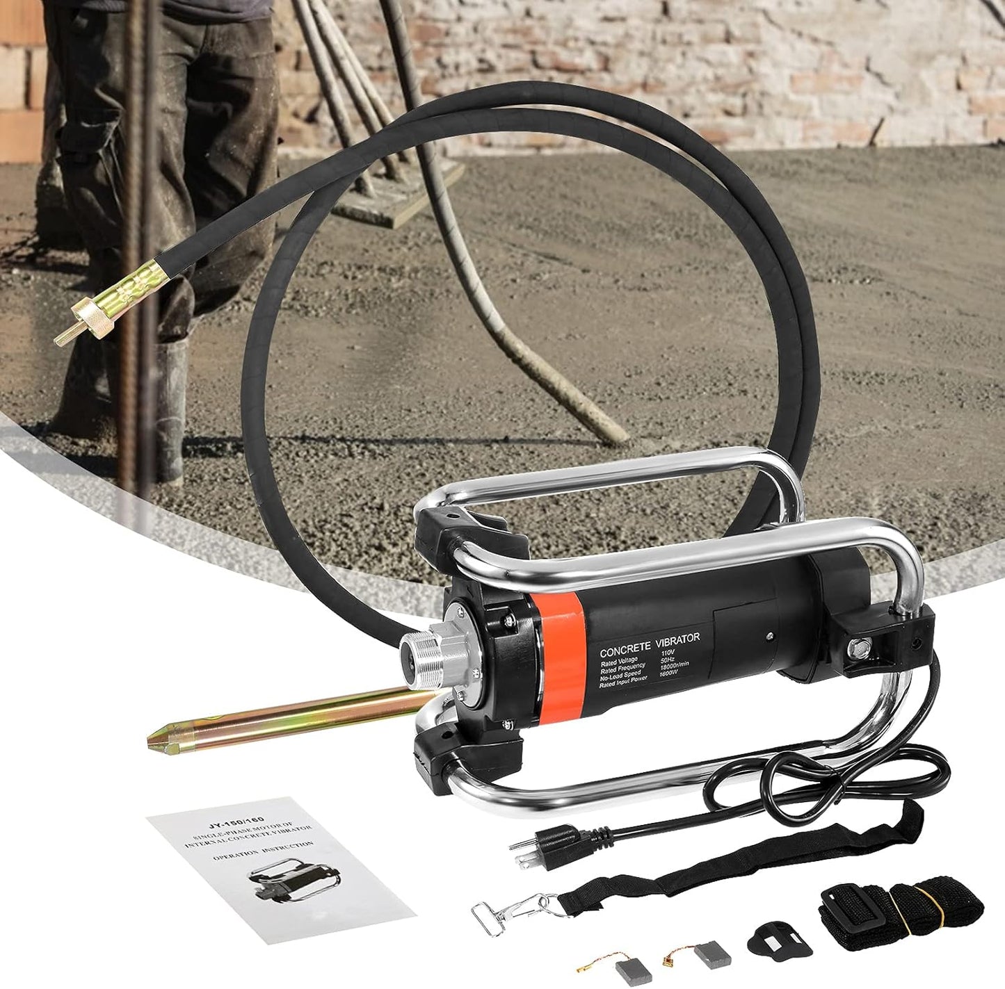 IRONWALLS Power Concrete Vibrators Hand Held, 1500W 18,000RPM 2HP Portable Electric Concrete Vibrator Construction Insertion Vibrator with 14-3/4ft Flexible Shaft, Commercial Concrete Tools